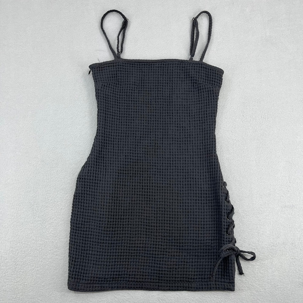 Aniela‎ Parys Vinyet Black Waffle Knit Lace Up Side Mini Dress XS Womens Cotton